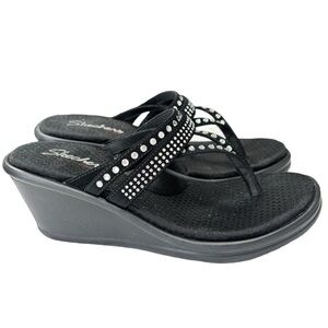 Skechers Womens Shoes Memory Foam Black Wedge Heel Rhinestones Sandals Size 8.5